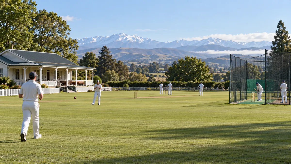 Illustrative community cricket ground with pavilion and surrounding hills