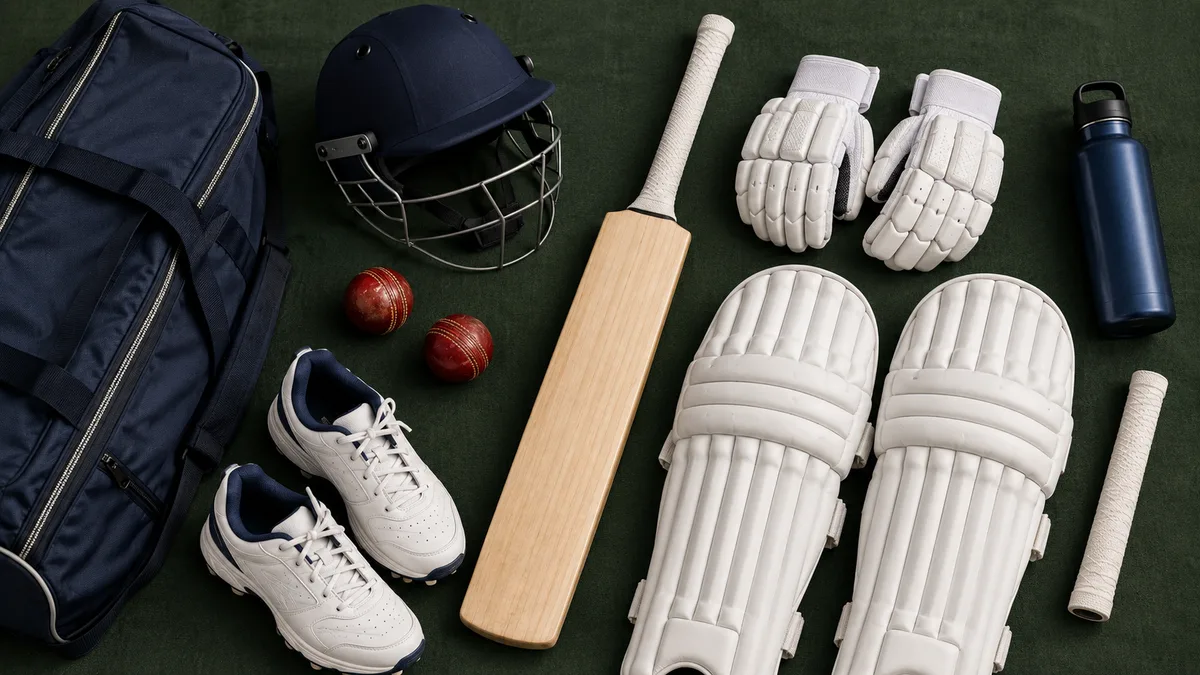 Illustrative flat lay of a bat, gloves, pads, helmet, shoes and cricket bag