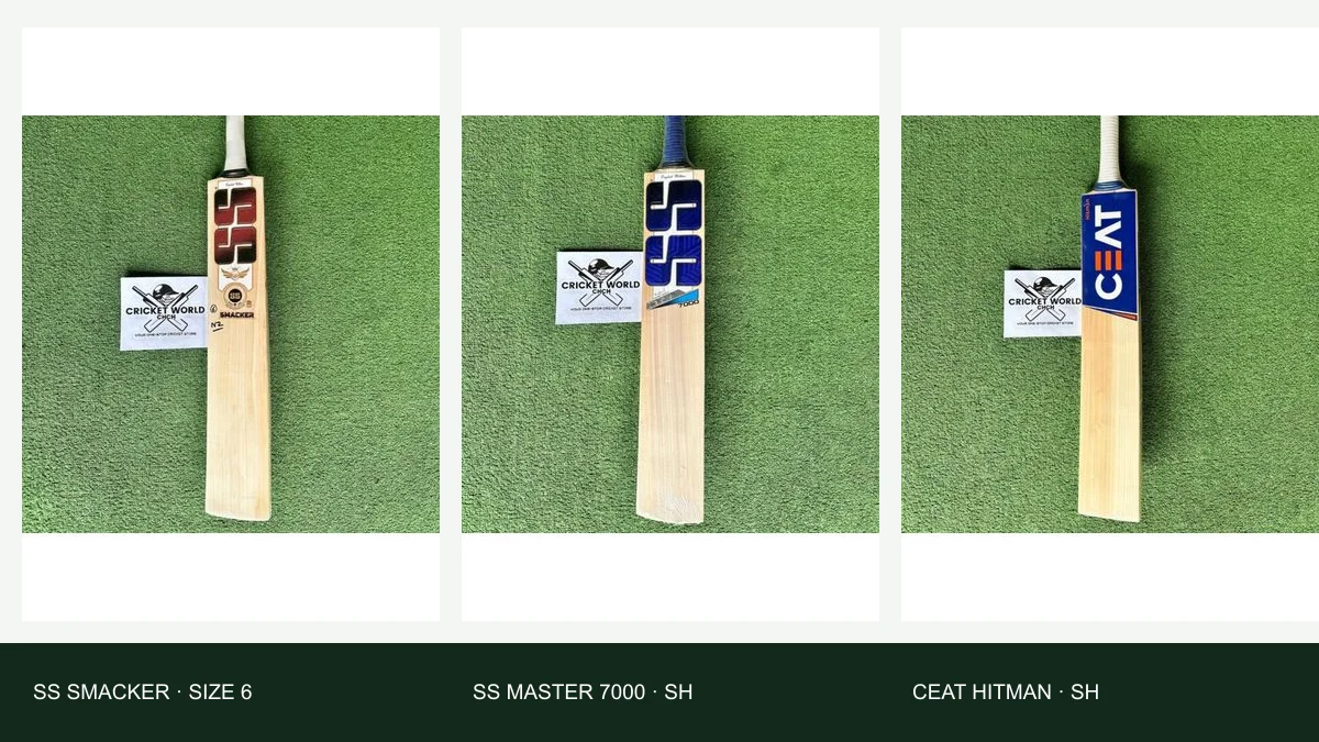 Actual SS Smacker Size 6, SS Master 7000 and CEAT Hitman bat photographs