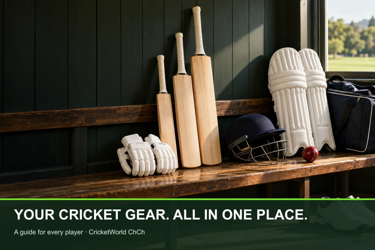 Illustrative cricket equipment with CricketWorld ChCh guide headline