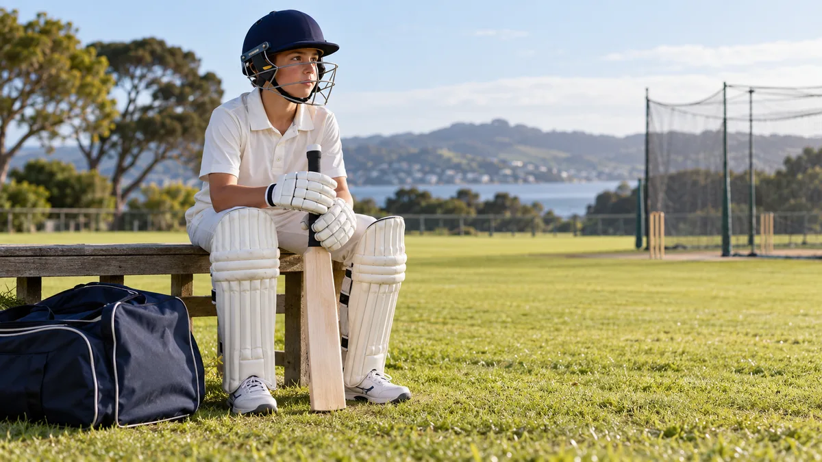 Illustrative junior cricket player comparing bat fit