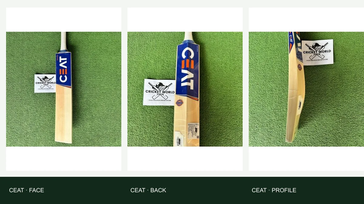 Face, back and profile photographs of one CEAT Hitman Player Edition bat