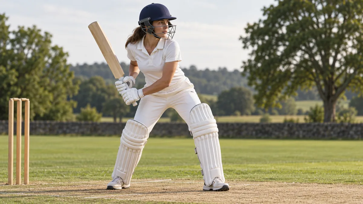 Illustrative female cricket player selecting equipment for individual fit